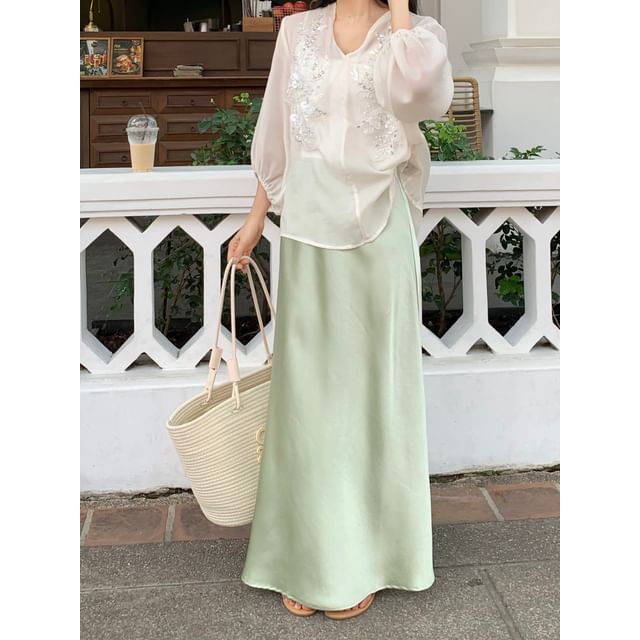 Satin High Rise Flared Maxi Skirt with Solid Finish