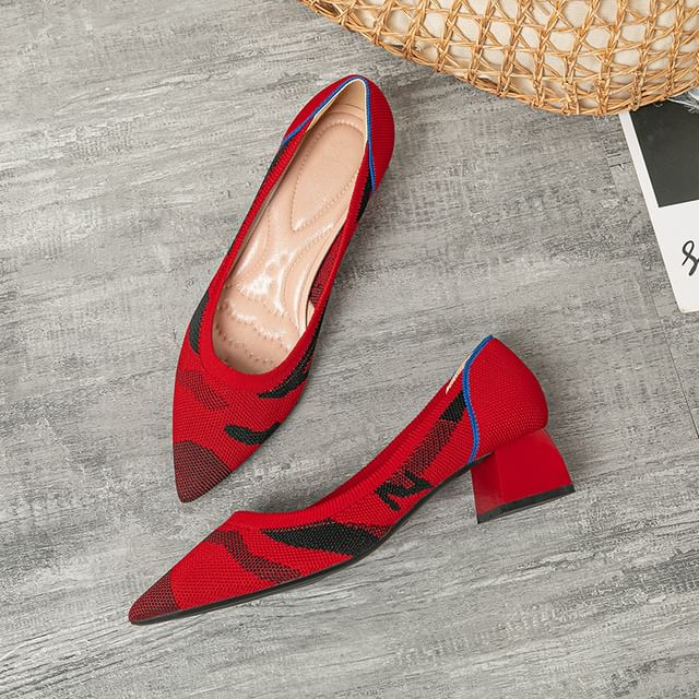 Pointed Striped Chunky Heel Pumps