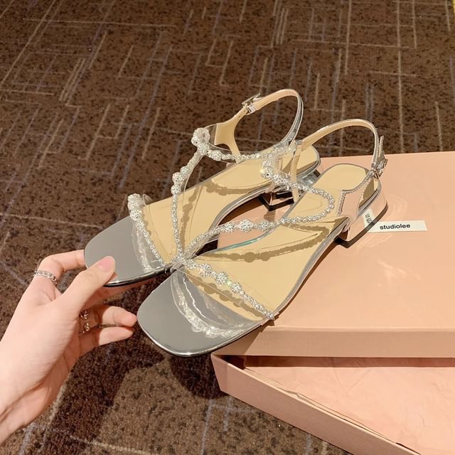 Rhinestone Strappy Chunky Heel Sandals