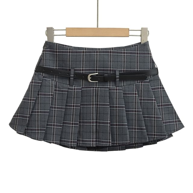 Plaid Pleated High Rise Mini Flared Skirt