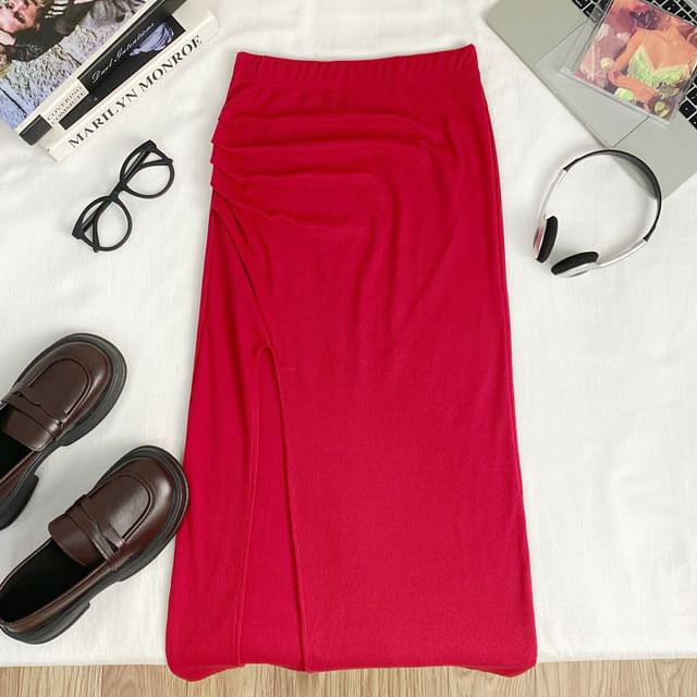 Elastic Waist Smooth Ruched Slit Long Pencil Skirt