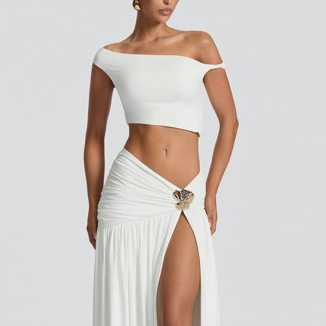 Duo: One-Shoulder Sleeveless Crop Top with Low-Rise Ruched Slit Flared Maxi Skirt