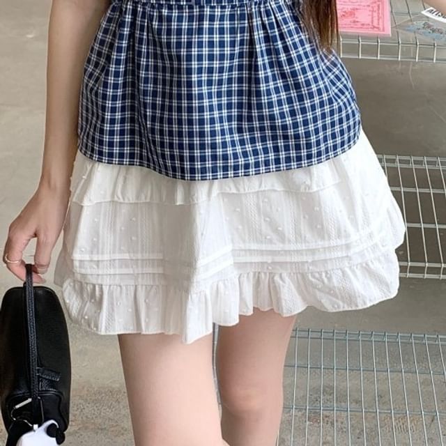 Plaid Button Camisole with Ruffled Elastic Waist Mini Skirt