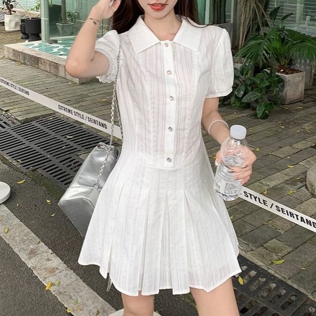 Pleated Shirt Mini Plain Short-Sleeve Dress