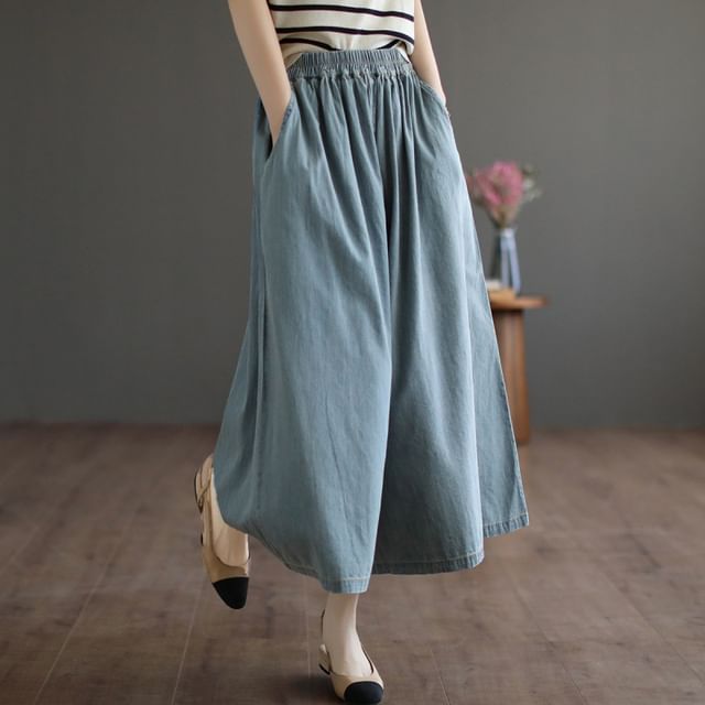 Elastic Waist Denim Cropped Culottes
