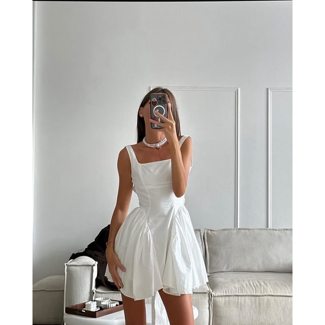 Sleeveless Square Plain Tie A-Line Dress Waist Neck Mini Back Open