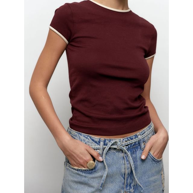 Crop Neck Trim Short-Sleeve Contrast Tee Fit Crew Slim