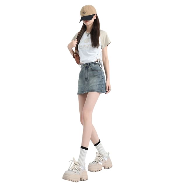 Mid Rise Washed Denim Skort