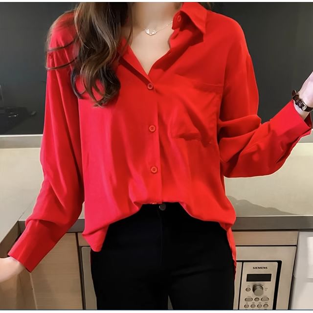 Pocketed Plain Long-Sleeved Shirt