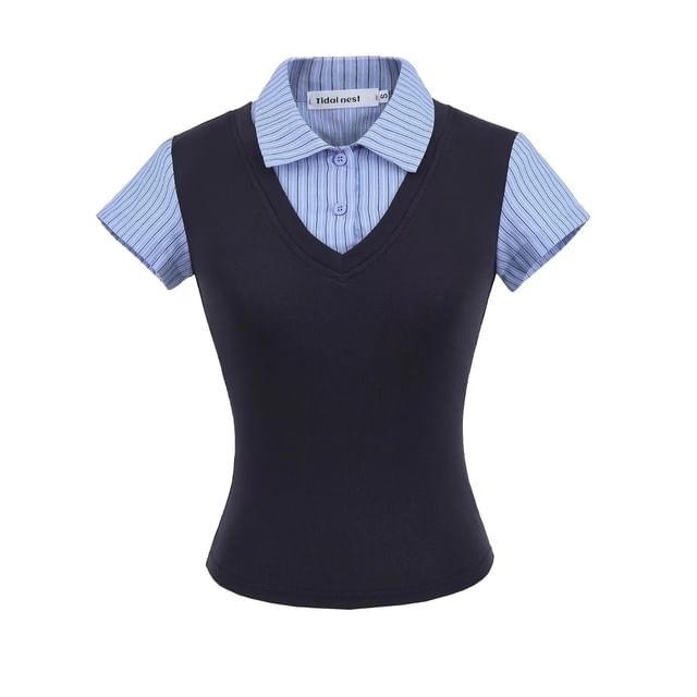 Mock-Layer Striped V-Neck Top, Short-Sleeved Slim Fit