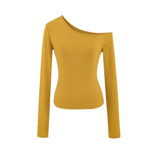 Cold-Shoulder Plain Slim Tee, Long-Sleeved