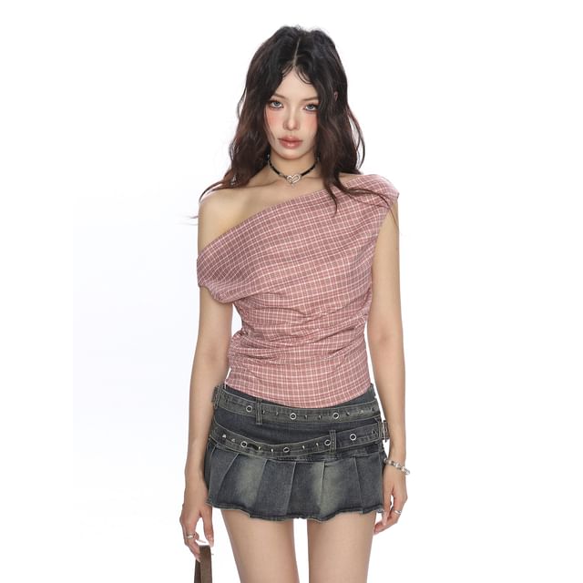 Plaid Ruched Off-Shoulder Tee with Cap Sleeves & Asymmetric Neck