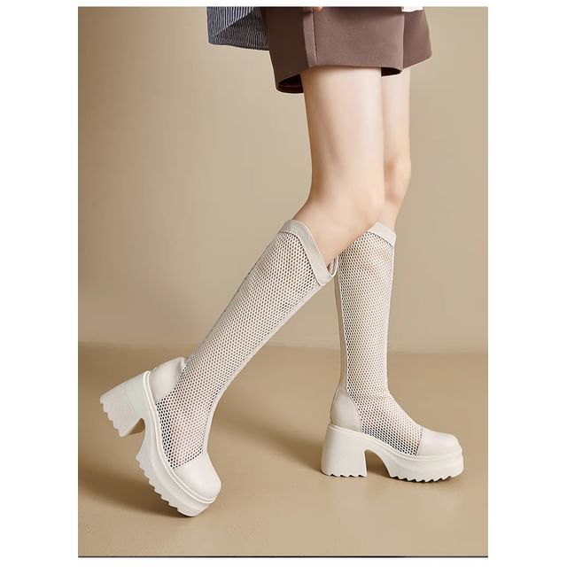 Block Platform Mesh Boots Heel Tall Plain