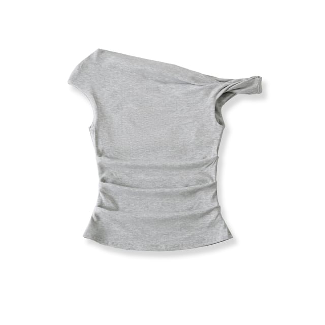 Off-Shoulder Asymmetric Cropped Plain Top, Short-Sleeved