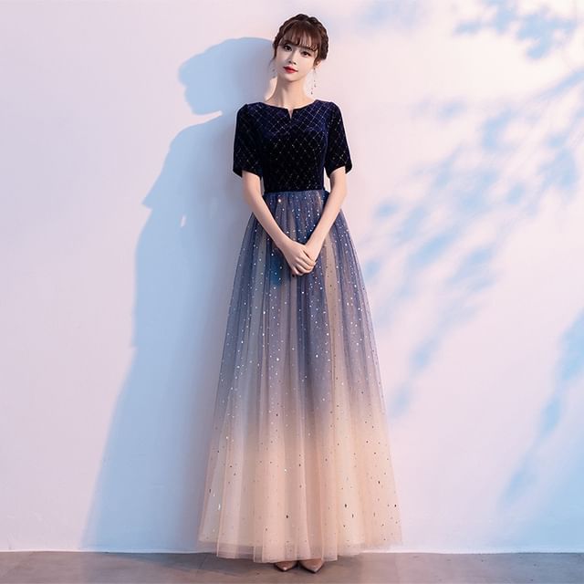 3/4-Sleeve Notch Neck Gradient Glitter A-Line Evening Dress / Short-Sleeve Evening Dress