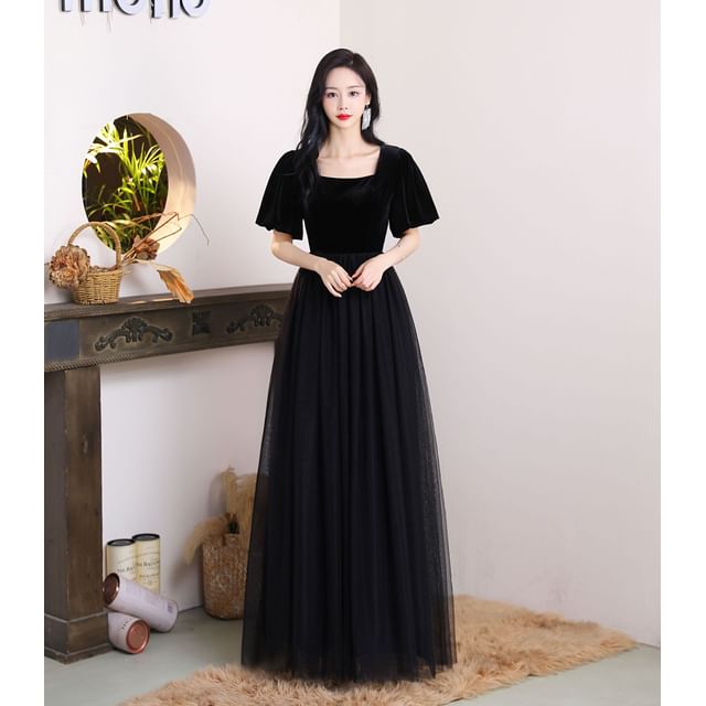 Mesh Square A-Line Panel Gown Evening Puff-Sleeve Neck