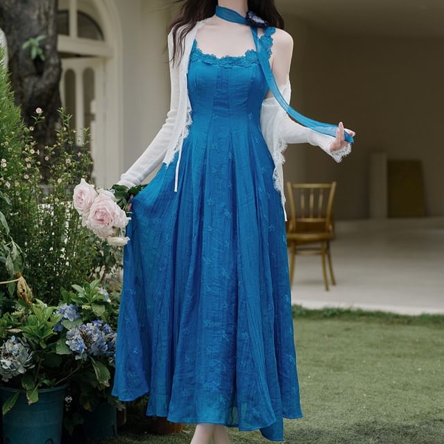 Spaghetti Strap Scoop Neck Floral Embroidered Midi A-Line Dress / Plain Lace Trim Tie Front Cardigan / Skinny Scarf / Set