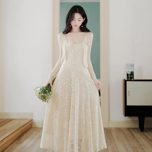 Spaghetti Strap V-Neck Lace Maxi A-Line Dress / Plain Flower Accent Crop Cardigan / Set