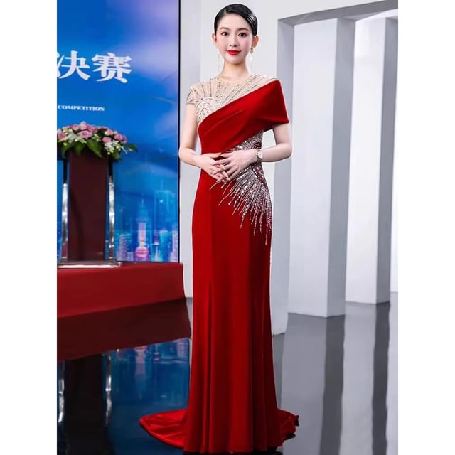 Short Sleeve Round Neck Sequin Panel Mesh Trumpet Evening Gown