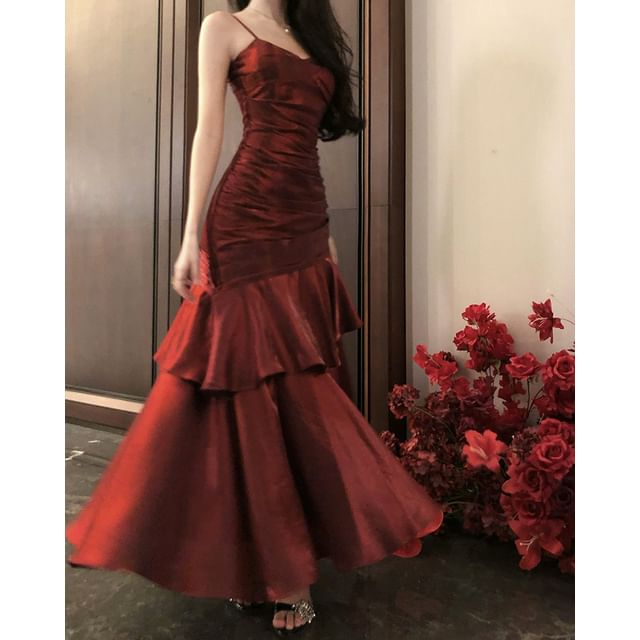 Spaghetti Strap Plain Ruffle Panel Ruched Mermaid Evening Dress