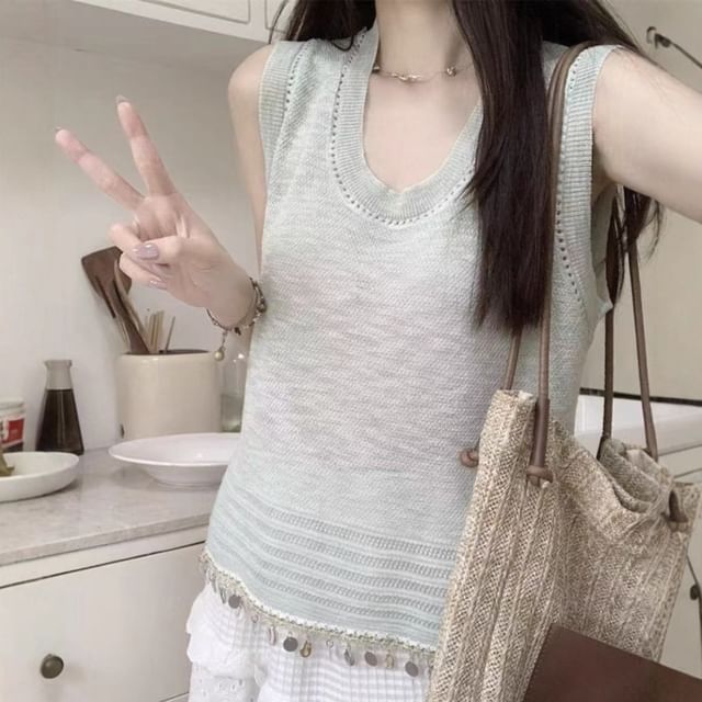 Plain Fringed Crew Neck Knit Tank