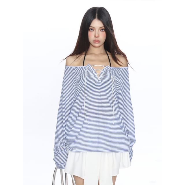 Striped Rhinestone Off-Shoulder Lace-Up Long-Sleeved Tee