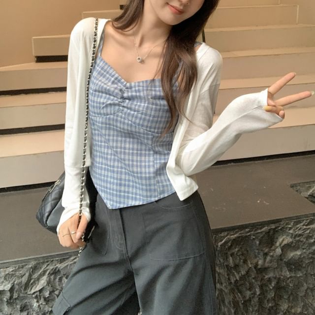 Ruched Plaid Camisole / Plain Open-Front Cardigan