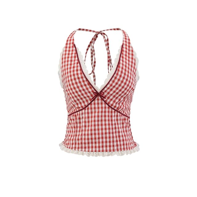 Plaid Lace-Trimmed Halter V-Neck Top