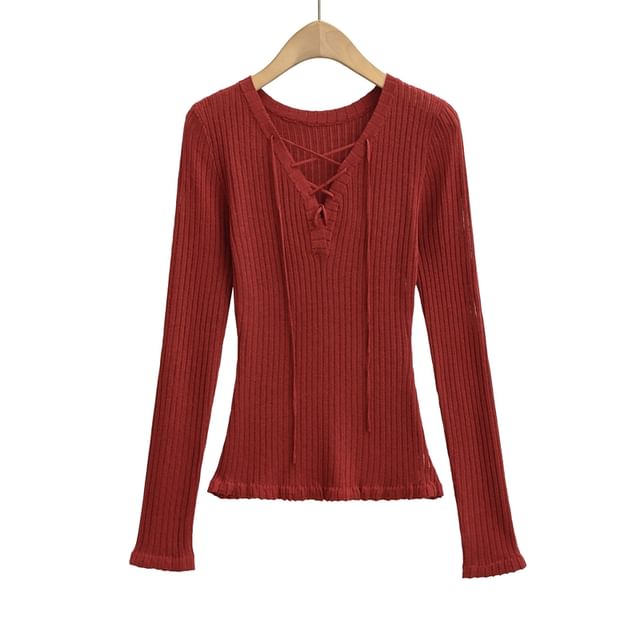 Ribbed Knit Lace-Up Long-Sleeved V-Neck Top