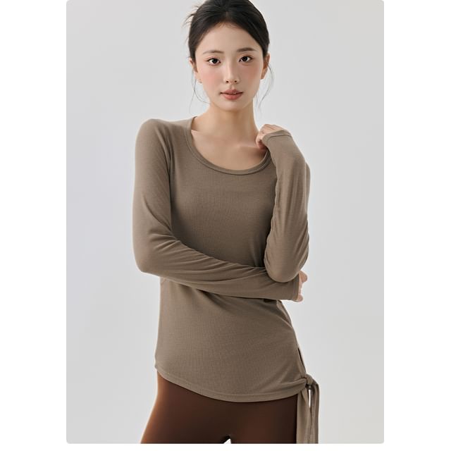 Plain Asymmetric Tie-Up Round Neck Long-Sleeved Tee