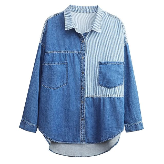 Striped Long-Sleeved Denim Shirt