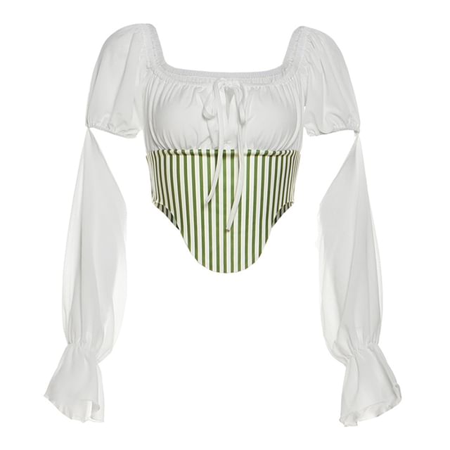 Striped Cutout Long-Sleeved Crop Top / Mini Skirt