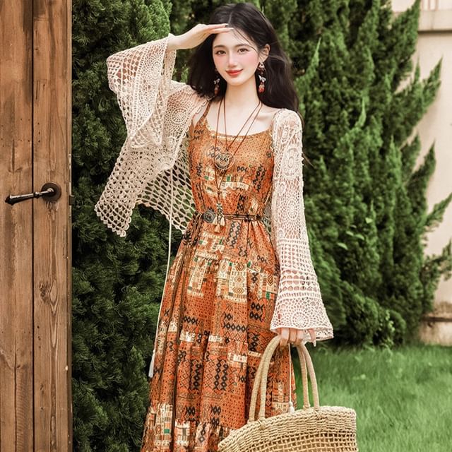 Spaghetti Strap Patterned Print Tiered Midi A-Line Dress / Plain Fringe Crochet Camisole Top / Cardigan / Belt / Set
