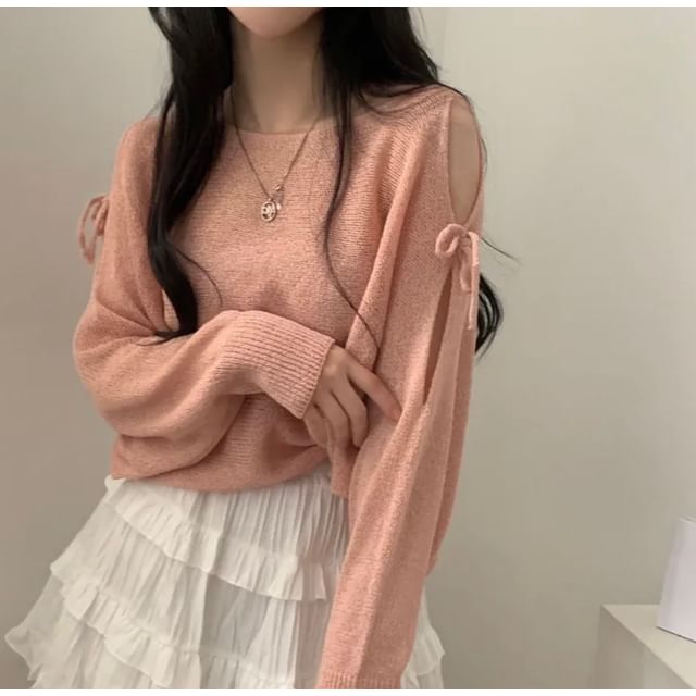 Round-Neck Cold-Shoulder Plain Long-Sleeve Sweater