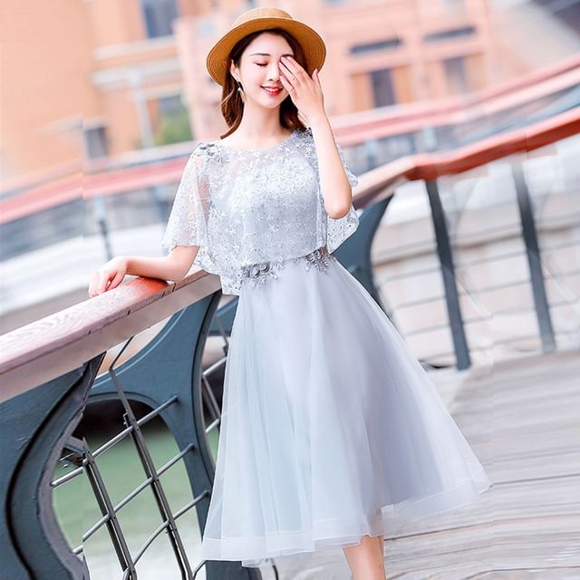 Designs) (Various Lace Panel Gown A-Line Evening Short-Sleeve