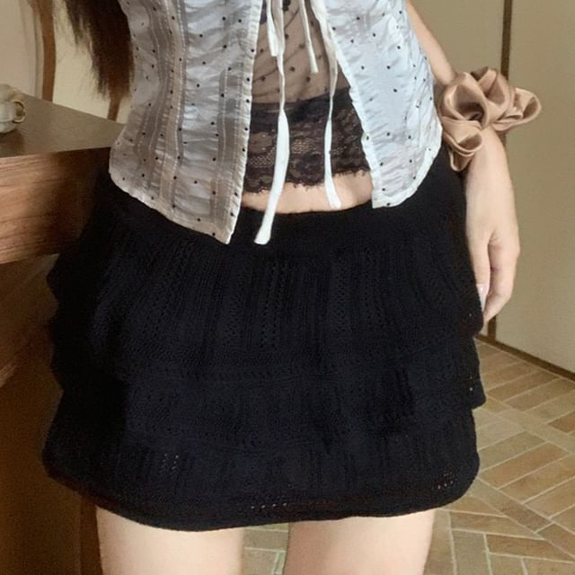 Dotted Puff-Sleeve Crop Blouse with Slit Tie Front & Halter Lace Neckline, Tiered Ruffle Low-Rise Mini Pencil Skirt Set