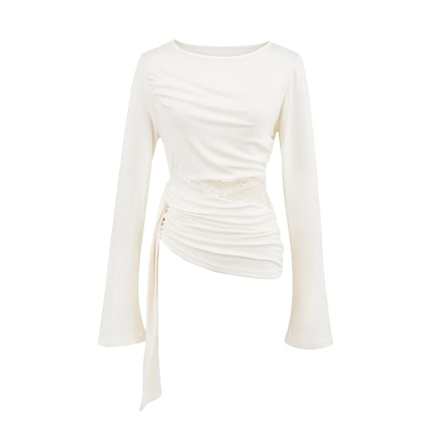 Boat Neck Asymmetrical Panel Lace Top