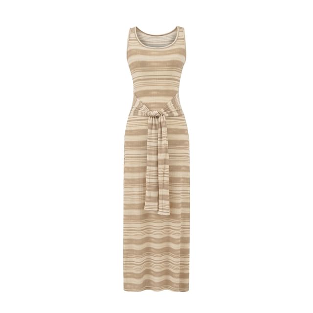 A-Line Striped Neck Tie-Up Dress Maxi Scoop Tank