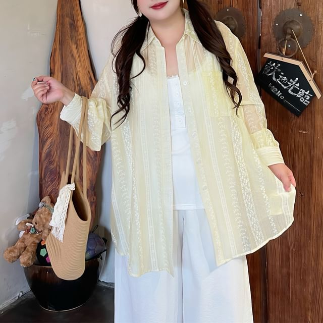 Plus Size Striped Lace Trim Oversized Shirt