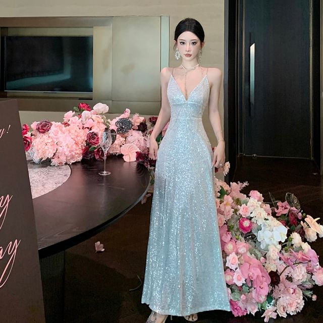 Spaghetti Strap V-Neck Plain Sequin Slit A-Line Evening Dress