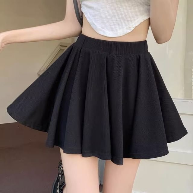 Solid Mini A-Line Skirt with Elastic Waist