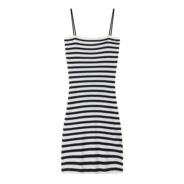 Spaghetti Strap Striped Mini Bodycon Dress / Flared-Sleeve Plain Pointelle Knit Cardigan