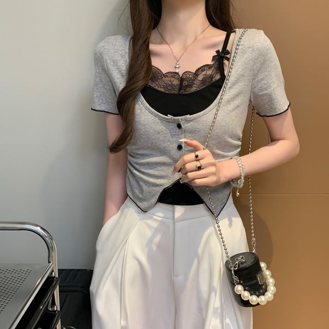 Mock Two-Piece Lace Trim Top