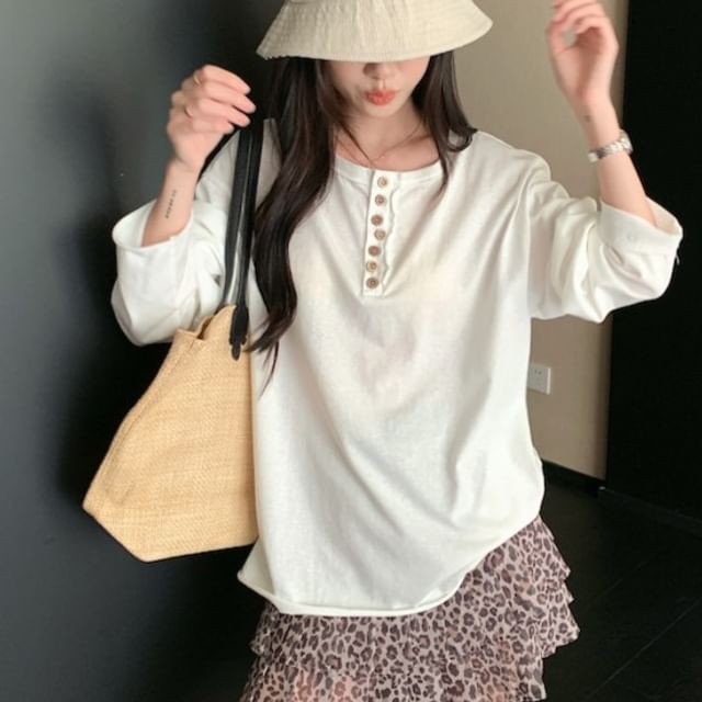 Long Sleeve Half Buttoned Plain Top Leopard Print Mini Skirt