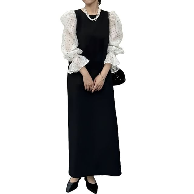 Maxi Round A-Line Panel Dotted Puff Sleeve Mesh Neck Dress
