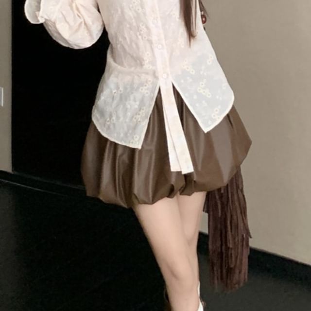 Faux Leather Mini Skirt with Long-Sleeve Lace Shirt
