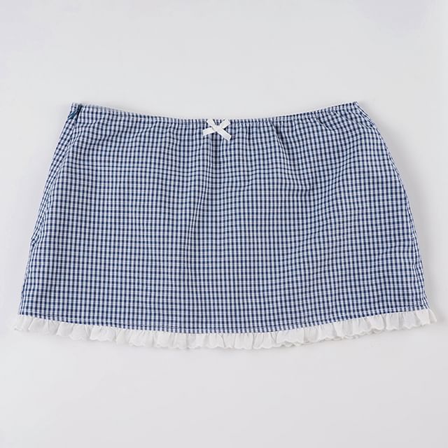 Short Sleeve Collared Plaid Button Up Blouse Low Waist Plaid Mini A-Line Skirt