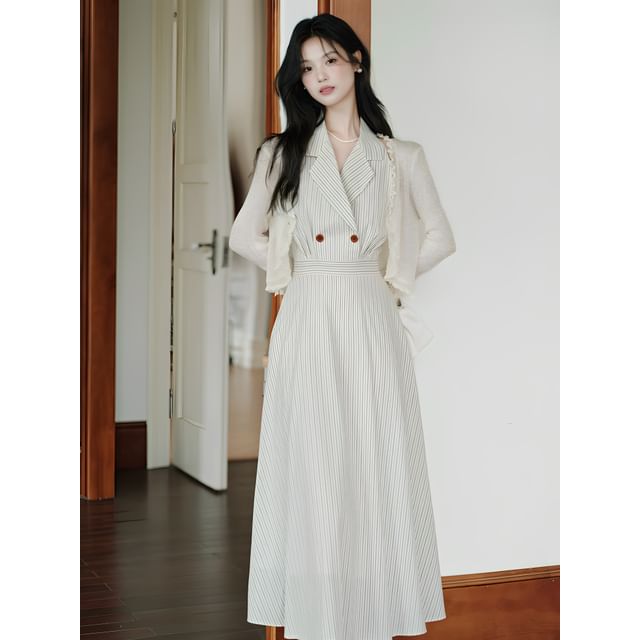 A-Line Collar Halter Dress Set Striped Maxi Plain Cardigan Lettuce / Edge