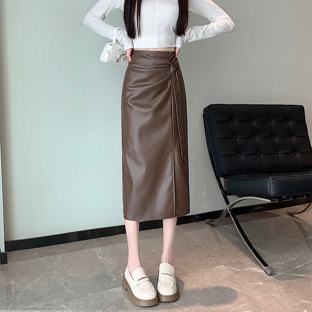 High Rise Faux Leather Midi Skirt