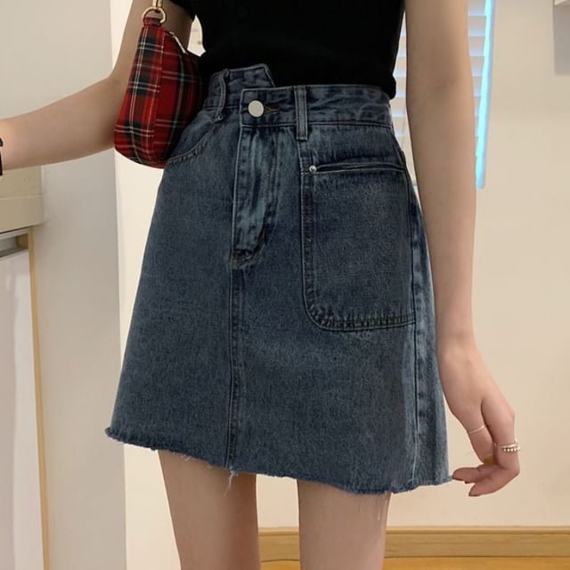 Faded Denim Mini A-Line Skirt with High Waist